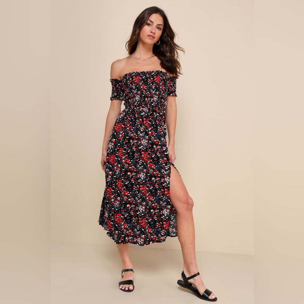 Lulus View from the Meadow Black Floral Print Off-the-Shoulder Dress